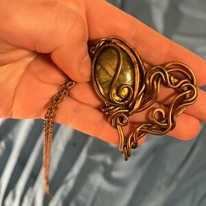 Labradorite Brass Wire Wrapped Heart Pendant with Long Chain